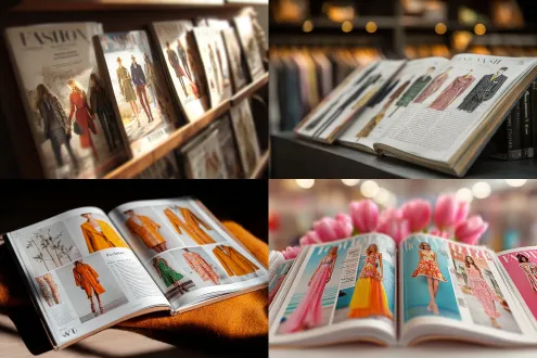 四十五度角倾斜的阅读书架上摆放着一本翻开的时装杂志，横排版，印刷着不同款式的时尚服装，高端精美的出版物，杂志和图片作为近距离特写镜头。翻看杂志读者第一视角，斜俯视拍摄，生成的图片要显得真实性和专业性。