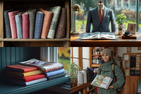 四十五度角倾斜的阅读书架上摆放着一本翻开的时装杂志，横排版，印刷着不同款式的时尚服装，高端精美的出版物，杂志和图片作为近距离特写镜头。翻看杂志读者第一视角，斜俯视拍摄，生成的图片要显得真实性和专业性。