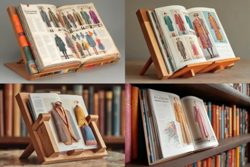 四十五度角倾斜的阅读书架上摆放着一本翻开的时装杂志，横排版，印刷着不同款式的时尚服装，高端精美的出版物，杂志和图片作为近距离特写镜头。翻看杂志读者第一视角，斜俯视拍摄，生成的图片要显得真实性和专业性。