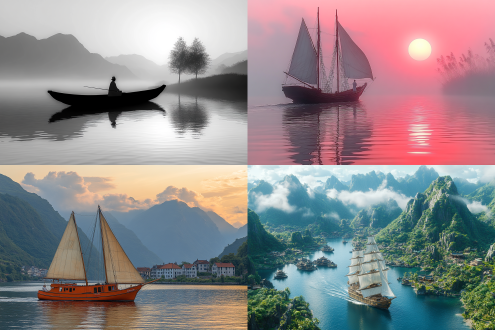 轻舟孤帆行于水墨山河间，远处云海翻腾，暮色苍茫，孤帆倒影映长河，古装旅人独立船头，素衣飘然，面容沉静，手持竹简，整体写意风格。广角镜头，中国风水墨画风格，低饱和度，淡雅色调，雾气缭绕，斜阳余晖，静态构图，深远意境，孤寂感，传统山水元素，诗意氛围