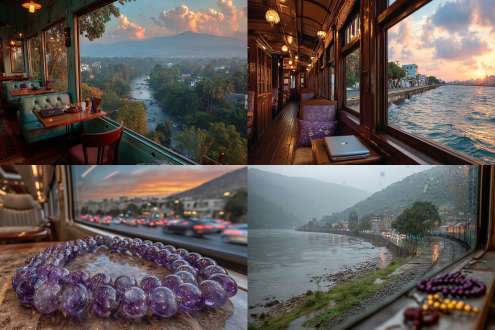 游客欣赏窗外风景，火车内第一视角，田园城市交融，长河蜿蜒落日余晖星云漫天，公路车水马龙华灯初上，桌上笔记本电脑紫檀木佛珠，现代与古典结合，温暖色调，广角镜头，柔光氛围，宁静安详，沉浸式体验，窗外景深层次感，车内暖光细节。