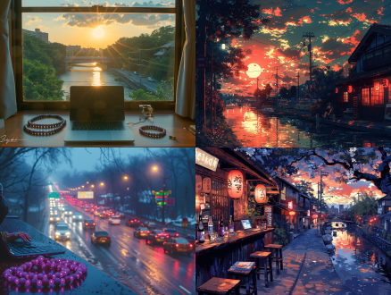 旅客坐火车窗边观景，郊区田园与城市交融，长河蜿蜒舟楫点点，落日余晖星云漫天，公路车水马龙华灯初上，桌上笔记本电脑手腕紫檀佛珠，古代现代融合，第一视角构图，暖色调冷色调对比，广角镜头景深效果，柔和侧光反射光影，静态中动态元素，宁静与繁华并存，怀旧又未来感。