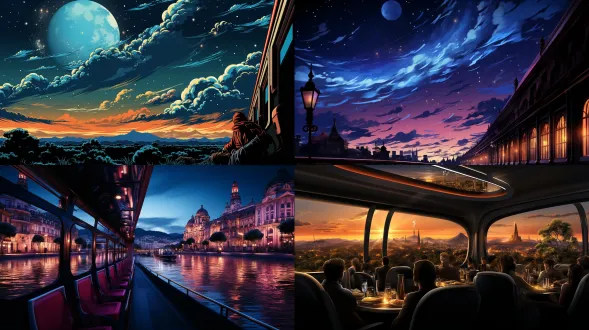 一位游客坐在火车里欣赏窗外郊区的田园与城市交融风景，长河蜿蜒，舟楫点点，落日余晖，漫天星云，河边的公路车水马龙，华灯初上的景象。游客的桌上摆放着笔记本电脑，他的手腕戴着一串紫檀木佛珠，古代与现代完美结合。火车内乘客的第一视角。