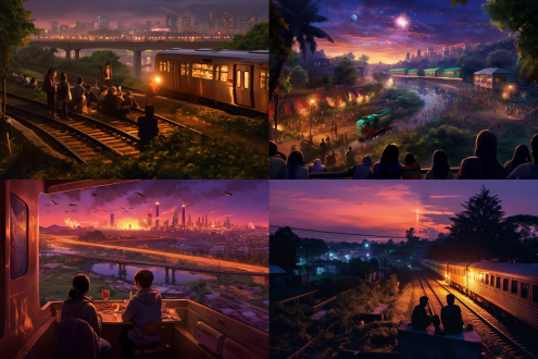 游客坐火车欣赏窗外风景，郊区田园与城市交融，长河蜿蜒舟楫点点，落日余晖漫天星云，公路华灯初上车水马龙，桌上笔记本电脑紫檀木佛珠，古代现代结合，第一视角，全景构图，温暖色调，浅景深，广角镜头，逆光，柔和光晕，宁静氛围，怀旧与现代感。