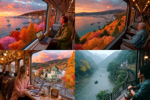 一位游客坐在火车里欣赏窗外郊区的田园与城市交融风景，秋叶染红了山丘，长河蜿蜒，舟楫点点，落日余晖，漫天星云，河边的公路车水马龙，华灯初上的景象。游客的桌上摆放着打开的笔记本电脑，他的手腕戴着一串紫檀木佛珠，古代与现代完美结合，他的电脑屏幕里显示有中文字幕的文档。火车内乘客的第一视角。