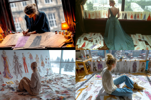 一个设计师正在窗旁绘制时装设计图，室内很多随手扔掉的草稿