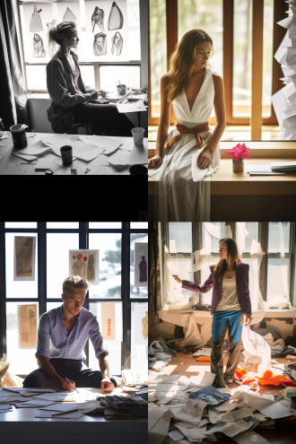 设计师倚靠落地窗绘制时装设计图，阳光透过窗户投射在桌面，周围散落废弃草稿纸，极简北欧风工作室，自然光与台灯混合照明，35mm镜头，浅景深，中性色调，专注神情，凌乱美，创意氛围，职业装，铅笔素描与数字屏同步操作