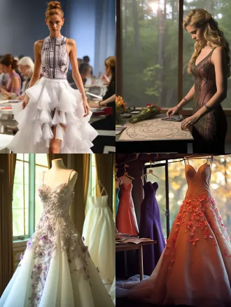 设计师专注绘制时装设计图，窗外自然光，凌乱草稿散落桌面，特写画笔与设计图，浅景深，工作室环境，中性色调，柔焦效果，自然光影，纸张纹理，手部动作细腻，时尚感，创意氛围，暖色灯光衬托。