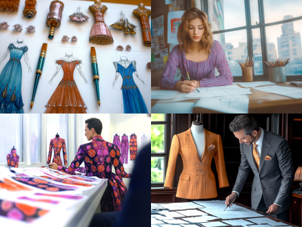 一个设计师正在窗旁绘制时装设计图，室内很多随手扔掉的草稿，镜头的焦点在画笔和草稿图上