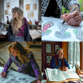 设计师在窗边专注绘制时装设计图，散落的草稿纸，自然光照射，特写画笔与设计图，凌乱而富有创意的工作台，中性色调，浅景深，细节纹理，柔和阴影，素描风格，铅笔线条，沉思表情，简约现代服装，安静氛围