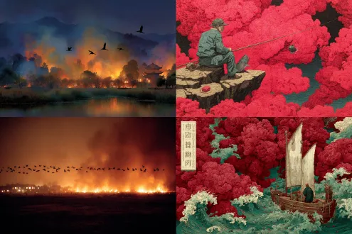 累世纷扰何时了？梦里朱雀玄武。 纵人间烟火，天灾地焚，焰山连座。 独钓千里峰，残阳斜，鱼沉雁落。 风急浊浪高，何处龙藏虎卧？ 奈何，路途遥遥，且丛容，云宽雨阔。 心海魔障重，苍茫水无边，轻舟已过。 不借闺中怨，掩落寞，谁人能说？ 夜漆黑，星河流瀑，十万金银错。