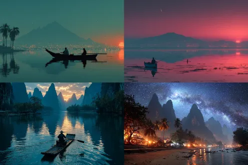 夕阳西下落入地平线，星夜下的江河上云雾弥漫细雨朦胧，风浪起，渔舟荡漾，连绵的山峰倒影在水中，天边有流星雨，岸边有孤独的垂钓者和隐约的寺庙和渔火，大雁落在沙洲栖息。突出水和火的交融和明暗对比