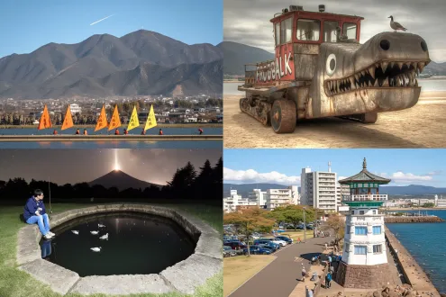 夕阳沉入地平线，星夜江河云雾细雨，风浪渔舟荡漾，山影倒映水面，天边流星雨，岸边孤独垂钓者，寺庙渔火隐约，沙洲大雁栖息，水火交融明暗对比，长曝光，广角镜头，冷色调，动态模糊，高动态范围，侧逆光，剪影效果，深邃神秘，宁静壮丽。