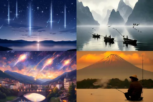 夕阳西下落入地平线，星夜下的江河上云雾弥漫细雨朦胧，风浪起，渔舟荡漾，连绵的山峰倒影在水中，天边有流星雨，岸边有孤独的垂钓者和隐约的寺庙和渔火，大雁落在沙洲栖息。中文诗词落款处的印章雕刻着青龙白虎朱雀玄武的图腾，突出水和火的交融和明暗对比