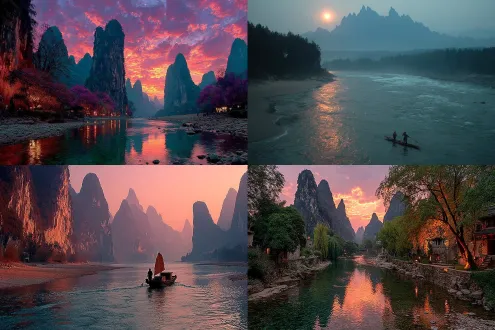 夕阳映江河，细雨朦胧，渔舟荡漾，风浪起，倒影连绵山，流星雨划过，孤钓者岸边，寺庙渔火隐约，雁栖沙洲，青龙白虎朱雀玄武图腾印章，水火交融，明暗对比，广角镜头，长曝光，冷色调，低角度，雾气弥漫，微光闪烁，宁静与动荡共存