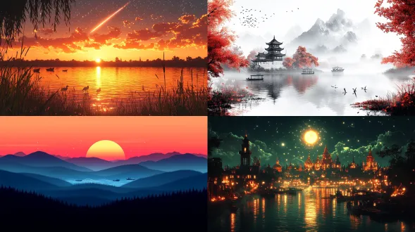 夕阳西下落入地平线，星夜下的江河上云雾弥漫细雨朦胧，风浪起，渔舟荡漾，连绵的山峰倒影在水中，天边有流星雨，岸边有孤独的垂钓者和隐约的寺庙和渔火，大雁落在沙洲栖息。卷轴横幅中国水墨画，左右两边留白处有中文诗词，左下角底部落款处的印章雕刻着青龙白虎朱雀玄武的图腾，突出古代神话的原始审美以及水火的交融和明暗对比