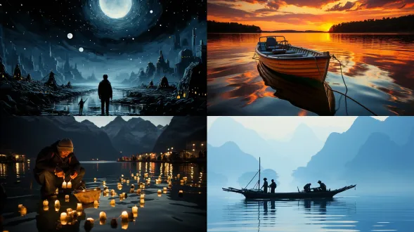 夕阳西下落入地平线，星夜下的江河上云雾弥漫细雨朦胧，风浪起，渔舟荡漾，连绵的山峰倒影在水中，天边有流星雨，岸边有孤独的垂钓者和隐约的寺庙和渔火，大雁落在沙洲栖息。卷轴横幅中国水墨画，左右两边留白处有中文诗词，左下角底部落款处的印章雕刻着青龙白虎朱雀玄武的图腾，突出古代神话的原始审美以及水火的交融和明暗对比