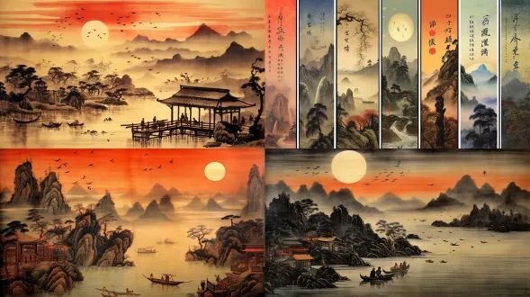 夕阳星夜江河云雾细雨风浪渔舟山峰倒影流星垂钓者寺庙渔火大雁沙洲，横幅卷轴中国水墨画，留白处诗词题字，左下角青龙白虎朱雀玄武印章，神话审美水火交融明暗对比，广角深远透视，青黛墨色晕染，细腻工笔结合泼墨写意，冷色调月光银辉，雨丝朦胧动态模糊，宁静孤寂带禅意