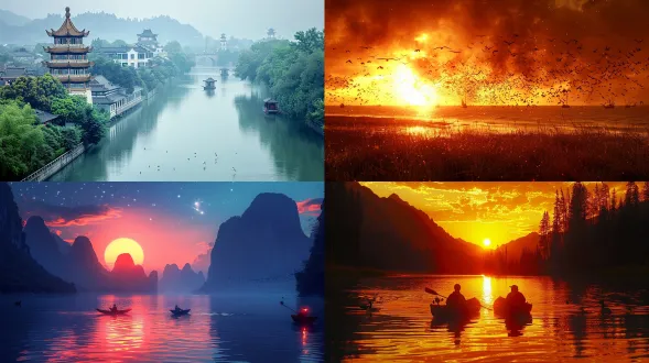 夕阳渔舟星夜，横幅卷轴布局，中国水墨风格，细腻笔触，云雾细雨，江河倒影，渔火朦胧，流星雨划过，垂钓者独坐，寺庙隐现，大雁栖息沙洲，冷暖色调交融，明暗强烈对比，左右留白题诗，青龙白虎朱雀玄武印章，神话图腾，写意意境，深邃神秘，广角视野，层次丰富，动静结合