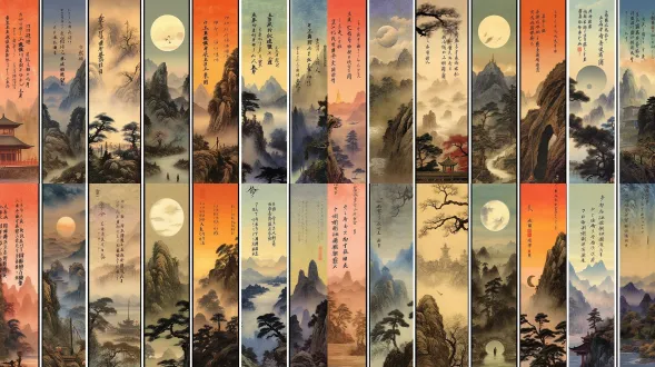 夕阳星夜江河云雾细雨风浪渔舟山峰倒影流星垂钓者寺庙渔火大雁沙洲，横幅卷轴中国水墨画，留白处诗词题字，左下角青龙白虎朱雀玄武印章，神话审美水火交融明暗对比，广角深远透视，青黛墨色晕染，细腻工笔结合泼墨写意，冷色调月光银辉，雨丝朦胧动态模糊，宁静孤寂带禅意