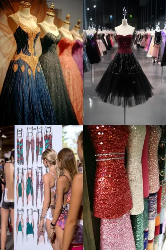 墙上贴满了各式各样的时装设计图，参观者在展厅欣赏这些艺术作品