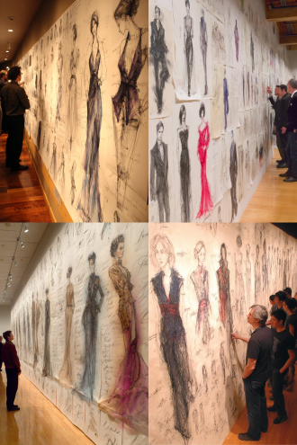 墙上贴满了各式各样的时装设计图，参观者在展厅欣赏这些艺术作品