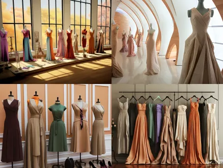 墙上贴满时装设计图，融合油画水彩剪纸风格，装裱精美，展厅优雅时尚，参观者驻足欣赏，专注表情，现代简约着装，柔光漫射，广角镜头，高分辨率，暖色调，艺术氛围浓郁，细节丰富，对称构图，柔和阴影，自然光线，沉浸式体验。