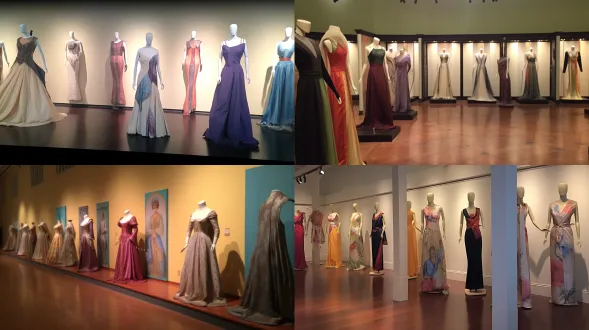 墙上贴满了世界各地不同时期风格的各式各样时装设计图，融合了油画水彩以及剪纸等艺术表现形式，装裱精美，参观者在优雅时尚的展厅欣赏这些艺术作品