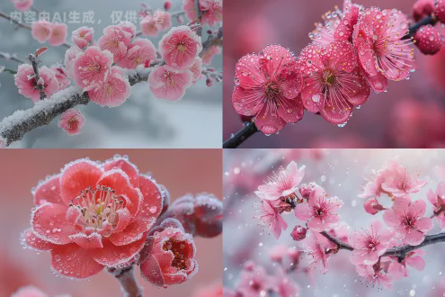 "冬日雪梅傲立雪中，残枝冰挂晶莹剔透，晨曦微光，寺庙钟声隐约，留白构图突显空灵，冷色调，梅花红艳，古风禅意，微距镜头，柔和侧光，静态唯美，寂静深沉。"