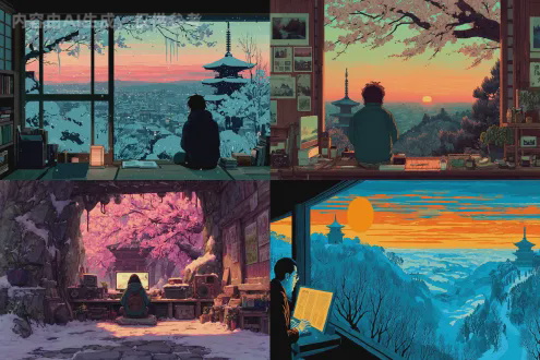 一个现代人坐在室内敲打键盘，电脑屏幕上的美景和他用人工智能画的非常相似，从他的第一视角可以看见窗外雪地里梅花盛开，树枝上有冰挂，远处的寺庙钟楼有僧人在敲钟，冷清寂静的氛围与室内的温暖热闹形成对比。