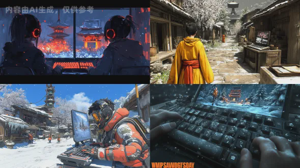 现代人在室内敲打键盘，第一视角，电脑屏幕显示ai绘制的雪景图，窗外雪地里梅花盛开，冰挂树枝，远处寺庙钟楼，僧人敲钟，冷清寂静与室内温暖对比，暖色调室内灯光，冷色调窗外雪景，景深效果，广角镜头，自然光与人造光混合，宁静与专注的氛围。