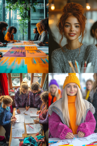 几个学生围坐一圈在桌旁画时装设计，俯视视角，桌上散落设计稿和彩笔，专注表情，自然光线，明亮色彩，简约现代风格，广角镜头，浅景深，柔和阴影，创意氛围，协作感，暖色调，手绘细节，纸张质感，轻松愉悦