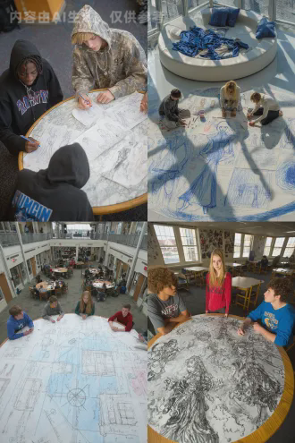 几个学生围坐一圈，在桌旁画着自己设计的时装，顶视拍摄