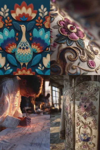 时装设计图转化为双面刺绣屏风，精致细节，对称构图，工作室环境，柔和自然光，特写镜头，丝绸材质，金属绣线，色彩渐变，高分辨率，细腻纹理，立体感，传统与现代融合，平静专注，暖色调与冷色点缀，手工工艺，复杂图案。