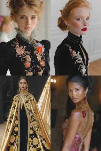 精美斗篷披风特写，绣满时装设计图，丝绸质感，暗金线刺绣，模特半侧身站立，冷峻表情，黑色背景，柔光打亮披风，微距镜头，浅景深，高细节，奢华感，金属色点缀，商业摄影，高级时装广告，静态优雅