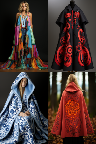 一件精美的斗篷披风上绣着时装设计图，商品广告摆拍