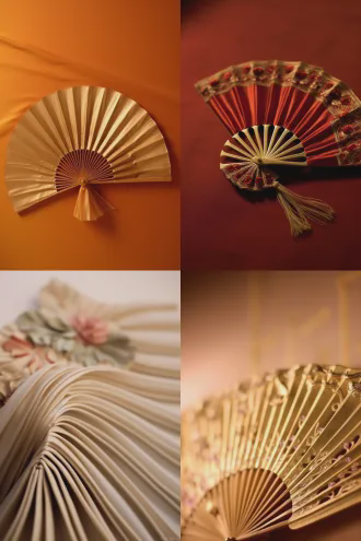 精致丝绸中国折扇展示时装设计图，平铺构图，浅景深，纯色背景，柔光照射，高清细节，丝绸质感，折扇半开，设计图线条流畅，时尚元素点缀，暖金色调，奢华感，商业摄影风格，特写镜头，哑光表面反射，高级感，简约大气