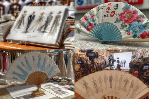 一把精致的丝绸中国折扇上画着时装设计图，商品广告摆拍