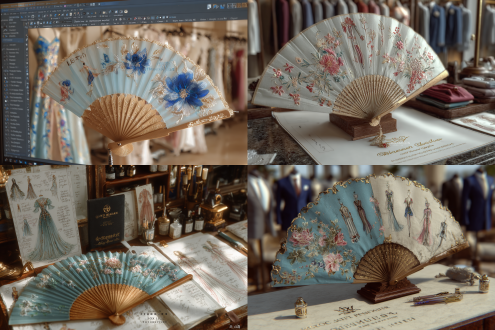 一把精致的丝绸中国折扇上画着时装设计图，商品广告摆拍