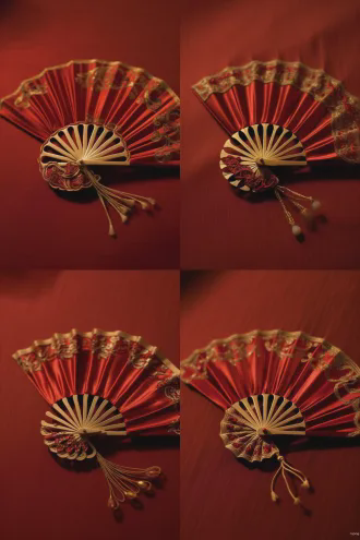 精致丝绸中国折扇展示时装设计图，平铺构图，浅景深，纯色背景，柔光照射，高清细节，丝绸质感，折扇半开，设计图线条流畅，时尚元素点缀，暖金色调，奢华感，商业摄影风格，特写镜头，哑光表面反射，高级感，简约大气