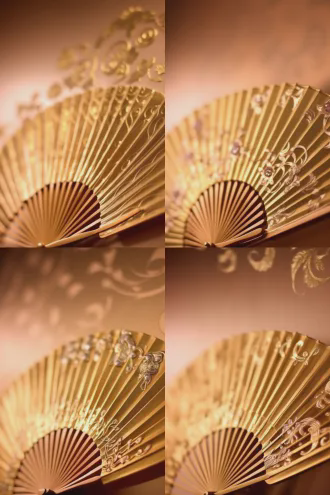 精致丝绸中国折扇展示时装设计图，平铺构图，浅景深，纯色背景，柔光照射，高清细节，丝绸质感，折扇半开，设计图线条流畅，时尚元素点缀，暖金色调，奢华感，商业摄影风格，特写镜头，哑光表面反射，高级感，简约大气