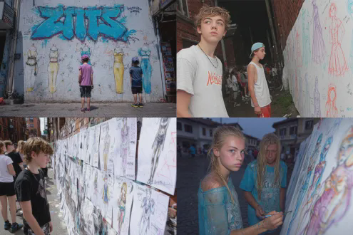 几个孩子在墙上涂鸦时装设计，街头背景，涂鸦风格，鲜艳色彩，广角镜头，自然光线，动态构图，嘻哈服饰，专注表情，街头艺术感，高饱和度，墙面纹理，创意涂鸦，活泼氛围，城市元素，手绘细节，鲜明对比，青春活力