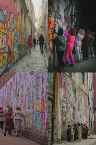 几个孩子在墙上涂鸦着一件件时装设计，街拍