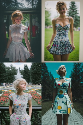 女孩开心展开百褶裙欣赏设计图案，微笑，蓬松短发，明亮眼睛，简约白裙带几何印花，阳光明媚的公园，清新自然，浅景深，50mm镜头，柔和光线，高色彩饱和度，轻盈，活泼，快乐