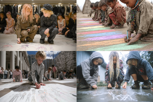 几个孩子蹲在地上用粉笔画时装设计，专注