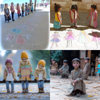 几个孩子蹲在地上用粉笔画时装设计，专注