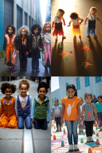 几个孩子蹲在地上用粉笔画时装设计，专注，俯视角度，城市街道背景，彩色粉笔线条，明亮阳光，自然光，暖色调，广角镜头，浅景深，生动表情，活泼动作，创意氛围，童趣风格