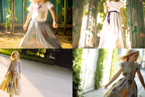 小女孩展开长款百褶裙欣赏图案，特写构图，阳光透过树叶斑驳洒落，柔和逆光，浅景深，50mm镜头，活泼跳跃的印花，甜美笑容，粉色调，轻盈蓬松裙摆，自然光，温暖氛围，童趣天真