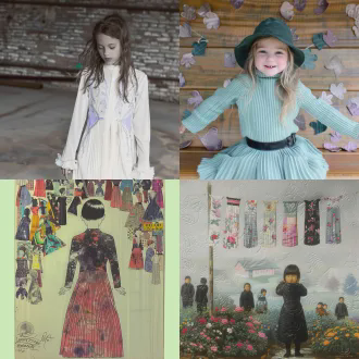 一个小女孩用双手展开自己的长款百褶裙，低头欣赏裙摆上的时装设计图案，美美哒，可爱开心