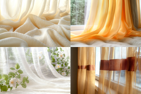 窗帘特写镜头，高清摄影，阳光透过落地窗，飘逸轻纱，印花时装模特图案，微风拂动，若隐若现，动态光影，斑驳效果，梦幻朦胧，柔和色调，逆光拍摄，丝绸质感，柔焦效果，优雅律动，唯美氛围，浅景深，自然光，纱帘褶皱，光影交错，艺术感。